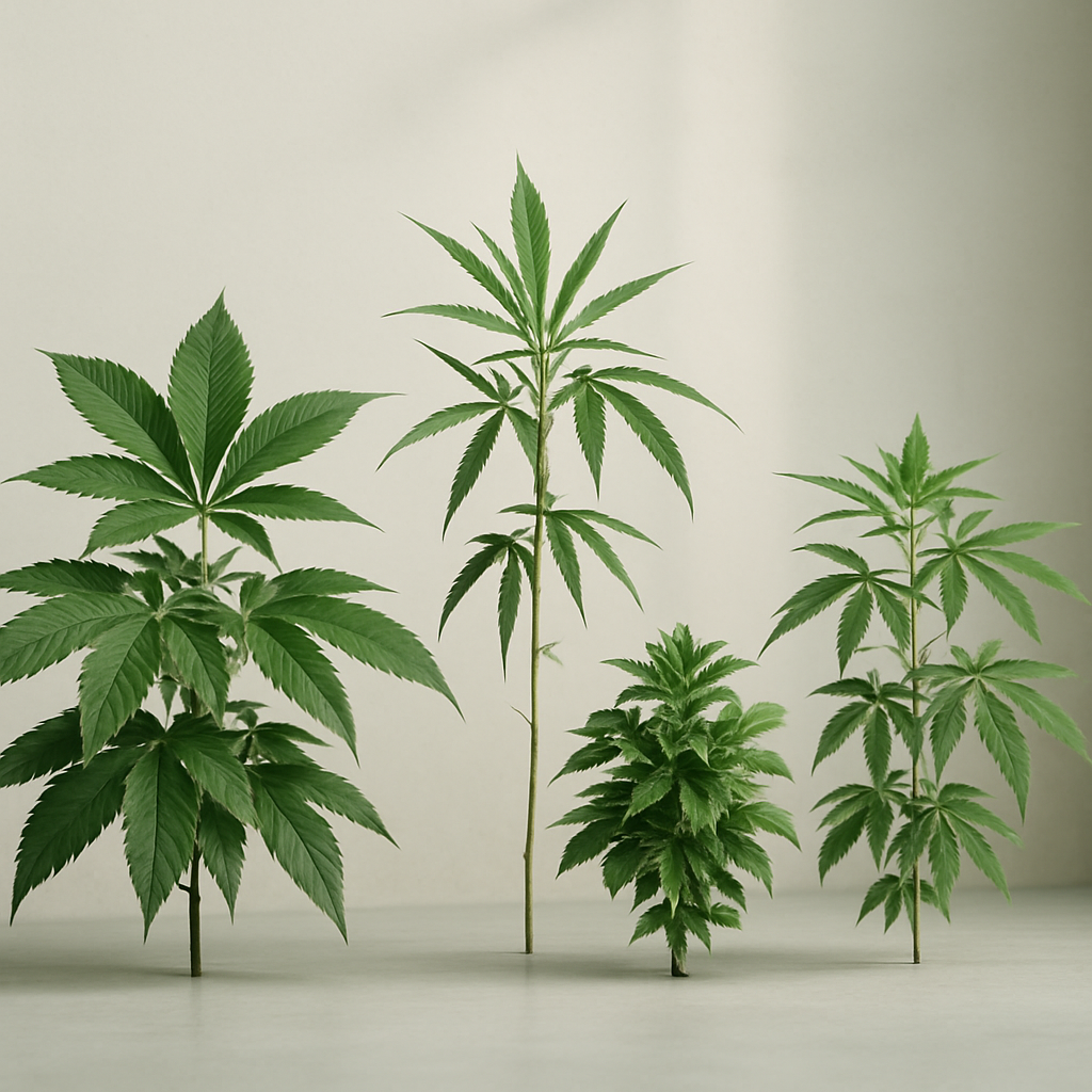 Four differently shaped cannabis plants displayed side by side in a bright botanical studio.